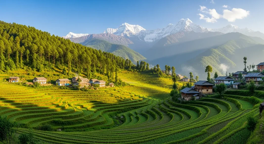 हरे पहाड़ों के बीच खूबसूरत हिमाचल की घाटी और बर्फ से ढकी चोटियां