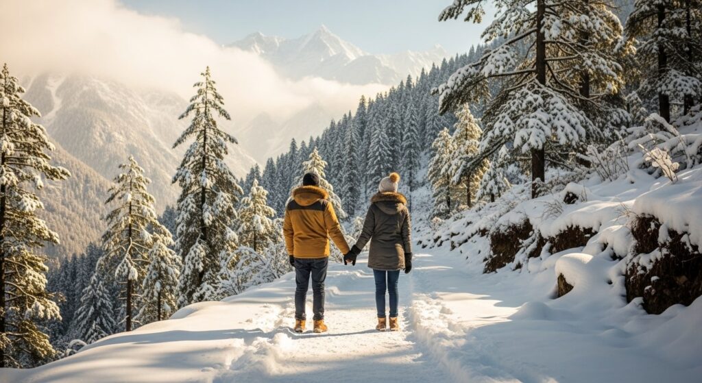 बर्फ से ढके पहाड़ों के बीच रोमांटिक कपल हाथ पकड़े चलते हुए