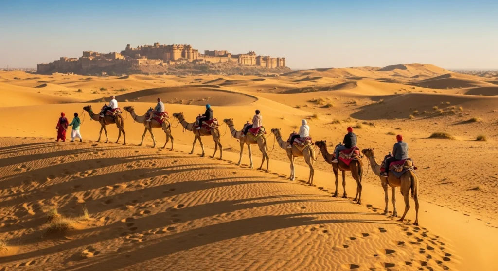 सर्दियों में सुनहरे रेगिस्तान में ऊंट सफारी का नजारा जैसलमेर राजस्थान