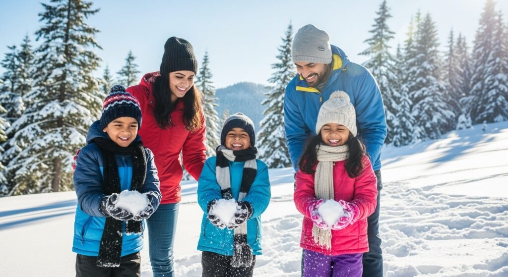बर्फ में खेलते हुए खुश बच्चे और परिवार हिमालय की पहाड़ियों में