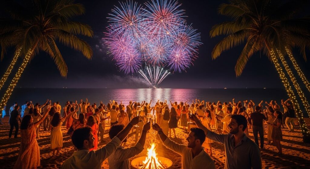 Goa beach पर New Year 2025 की आतिशबाजी और party celebrate करते tourists